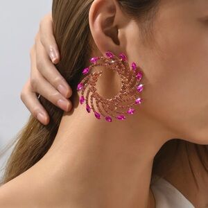 Magenta Pink Swirl Rhinestone Round Statement Earrings Costume Jewelry